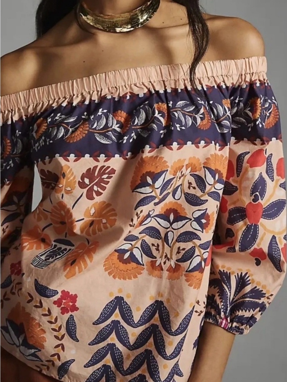 FARM Rio Anthropologie On or Off-Shoulder Top with Colorful Floral Design